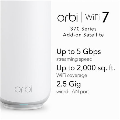 NETGEAR Orbi 370 Series (RBE370) Dual-Band WiFi 7 Mesh Network Add-on Satellite – Works with RBE372, RBE373, RBE374, Security Features, 5 Gbps, Adds Coverage up to 2,000 sq. ft., BE5000