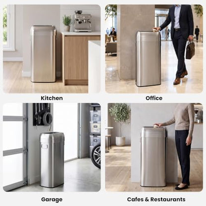 iTouchless 30 Gallon 114L Oval Open Top Stainless Steel Extra-Large Commercial Trash Can with Wheels, 2 AbsorbX Odor Filters | ADA Compliant Bin for Restaurant Restroom Hotel Office Healthcare Retail