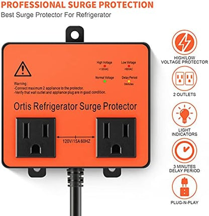 Refrigerator Surge Protector, Ortis Double Outlet Voltage Protector for Home Appliances with Time Delay, 5ft Power Cord, Protects Against Brownout, Spike, Instant Surge All Voltage Abnormalities