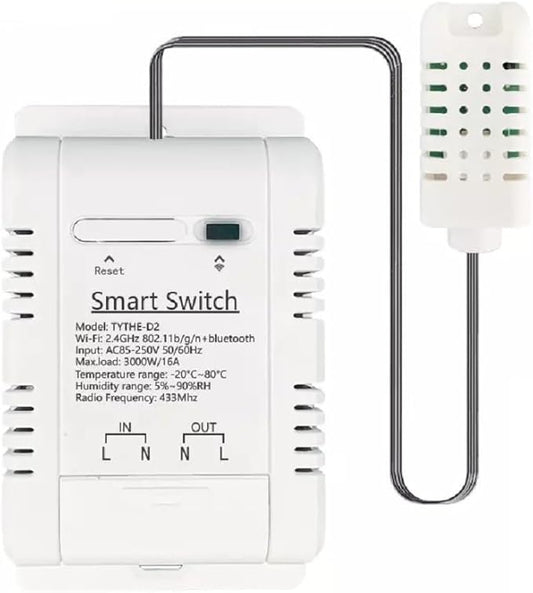 WiFi Wireless Temperature Controller,Include Temperature Probe Sensor ,Tuya app Remote 16A Smart Switch with Energy Consumption Monitoring,Work with Alexa Google (Temperature and Humidity)