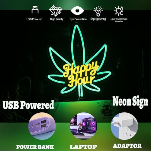 Happy Hour Neon Sign, USB 5V Powered LED Silicone Strip Neon Light, Acrylic Board Wall Decor for Bar Pub Man Cave Home Party, Non-Waterproof Indoor Use Only, Marijuana Neon Signs for Wall Decor