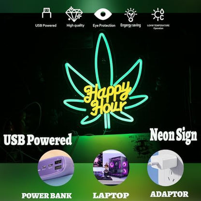 Happy Hour Neon Sign, USB 5V Powered LED Silicone Strip Neon Light, Acrylic Board Wall Decor for Bar Pub Man Cave Home Party, Non-Waterproof Indoor Use Only, Marijuana Neon Signs for Wall Decor