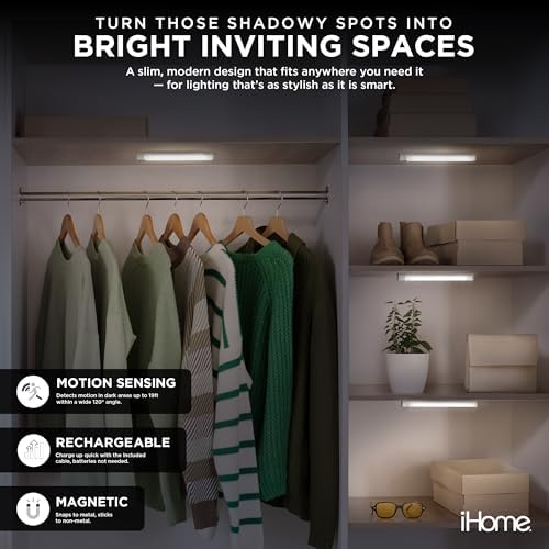 iHome Rechargeable Auto Sensing Light Bars, Motion Sensor, Dimmable, Auto/Always-On Modes, Easy Installation (4-Pack 8" LED Light Bar)