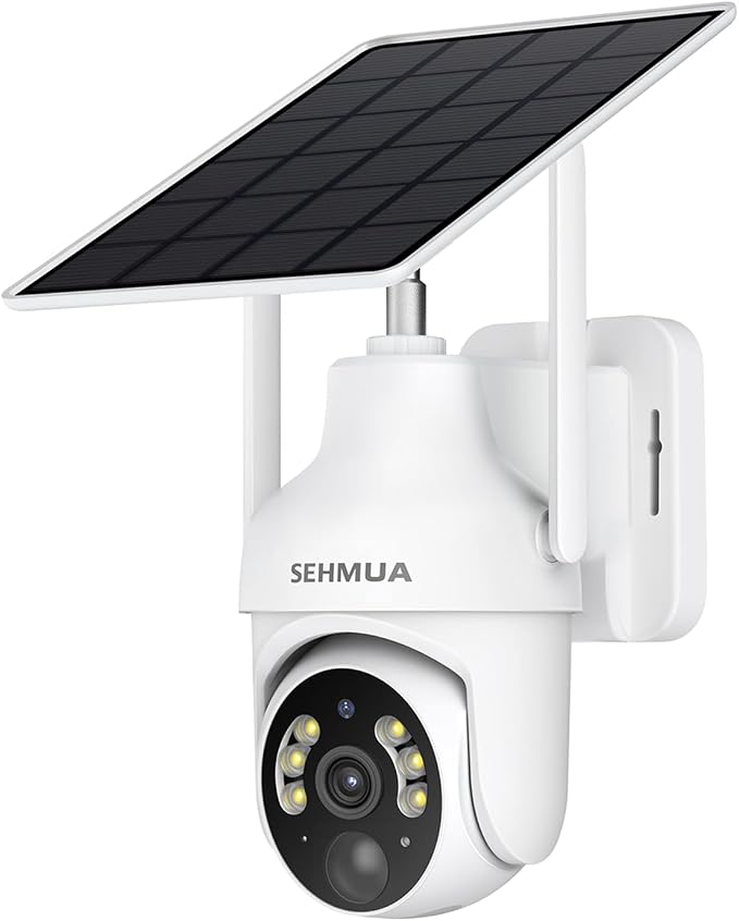 SEHMUA 2K Solar Security Camera Wireless Outdoor, 1 Pack 360° View Pan/Tilt WiFi Security Camera Outside with Color Night Vision, Easy to Install, PIR Alarm, 2-Way Audio, White