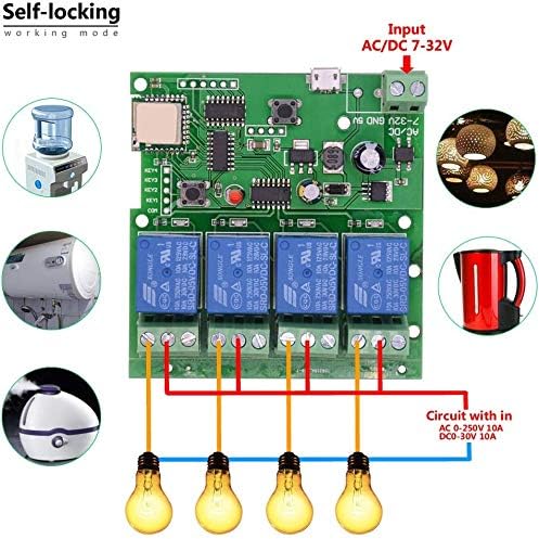 WiFi Wireless Inching Relay Monentary/Self-Locking Switch Module DIY Smart Home Remote Control DC 5-32V AC90-260V Ewelink App iOS/Andriod Compatible with Alexa Echo Google Home IFTTT (DC4)