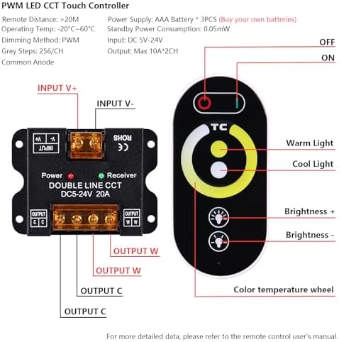 BENLUN 24V CCT COB LED Strip Lights 65.6ft with Remote and Power Supply