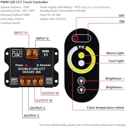 BENLUN 24V CCT COB LED Strip Lights 65.6ft with Remote and Power Supply