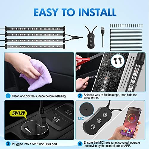 Nilight 4PCS USB Car Interior Lights RGB App and Button Control | 5V DC Multi Color Music Car Neon Accent Light Strips Under Dash Lighting Kit with Sound Active Function