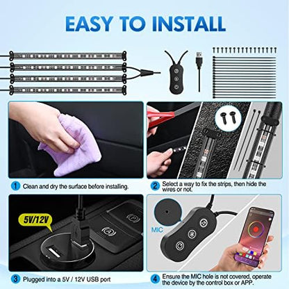 Nilight 4PCS USB Car Interior Lights RGB App and Button Control | 5V DC Multi Color Music Car Neon Accent Light Strips Under Dash Lighting Kit with Sound Active Function