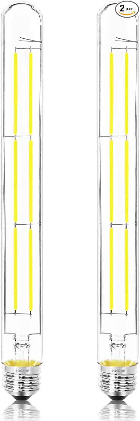 11.8IN 1000LM 5000K Daylight White Light Bulbs E26 Base, T10 T9 Edison Bulbs Dimmable 8W, AC 120V 100 Watt Equal Filament Bulb, Vintage Clear Glass Long Tubular LED Bulb, UL Certified - 2Pack