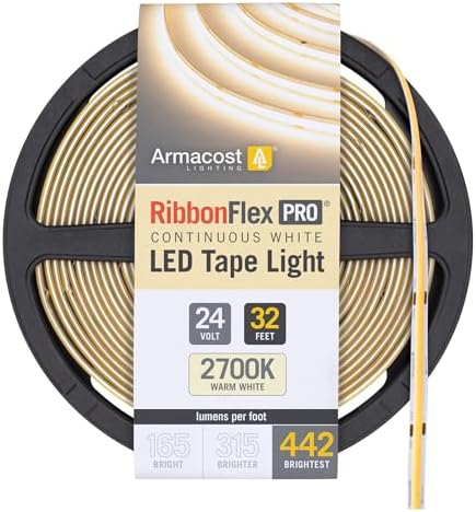 Armacost Lighting RibbonFlex Pro 24V White COB LED Strip Light Tape 2700K, 442 Lumens/Ft, 10M 173150