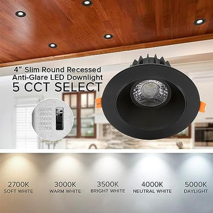 Maxxima 4" Anti-Glare LED Downlight Canless, 1050 Lumens, 5 CCT, Black