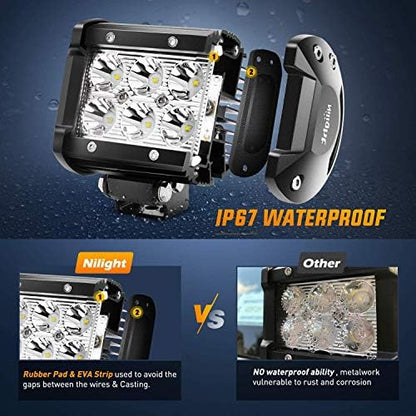 Nilight 52Inch Led Light Bar Spot Flood 2Pcs 18W 4Inch Spot LED Pods Windshield Frame Mounting Bracket on Wrangler JK 2007-2017 with Off Road Wiring Harness- 3 Leads