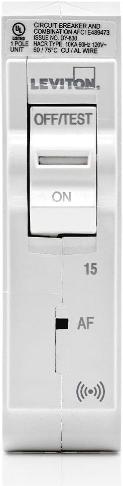 Leviton 15A 1-Pole Plug-On Smart AFCI Branch Circuit Breaker, Hydraulic Magnetic, 120 VAC, LB115-AS, White