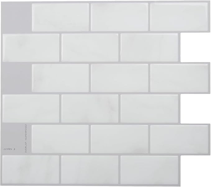 Smart Tiles Peel and Stick backsplash, Subway Carrara Marble, 10.95"x9.7" | Pack of 10 (6.3 sq ft), Glossy, Heat/Moisture Resistant, Low VOC, Kitchen/Bathroom, Renter Friendly, Made in Canada