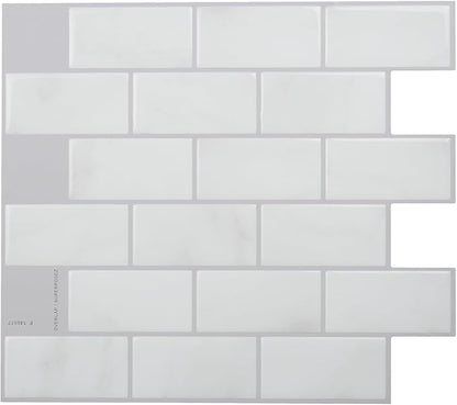 Smart Tiles Peel and Stick backsplash, Subway Carrara Marble, 10.95"x9.7" | Pack of 10 (6.3 sq ft), Glossy, Heat/Moisture Resistant, Low VOC, Kitchen/Bathroom, Renter Friendly, Made in Canada