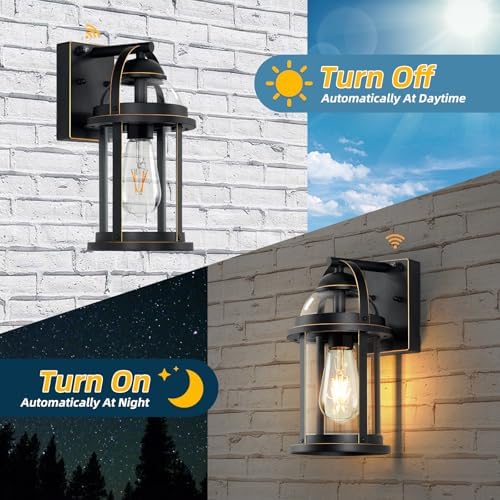 OKELI Dusk to Dawn Outdoor Wall Lights, Waterproof Lighting Fixtures Rustic Farmhouse Wall Lanterns with Clear Glass Shades Anti-Rust Outside Lights for House(Black with Gold-Trim, 1 Pack)