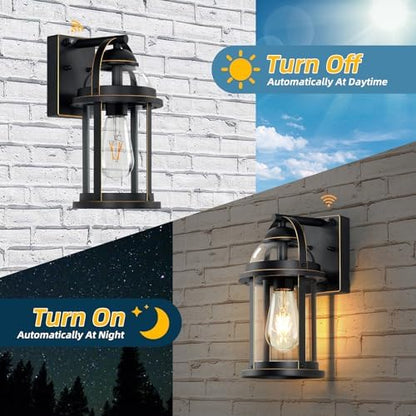 OKELI Dusk to Dawn Outdoor Wall Lights, Waterproof Lighting Fixtures Rustic Farmhouse Wall Lanterns with Clear Glass Shades Anti-Rust Outside Lights for House(Black with Gold-Trim, 1 Pack)