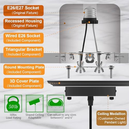 5 and 6 inch Recessed Can Light Conversion Kit, for Ceiling Light Fixture, Pendant Light, Hanging Light, Ceiling Fan, with 7’¾ Beveled & Flat, Steel, Medallion, Black Finish