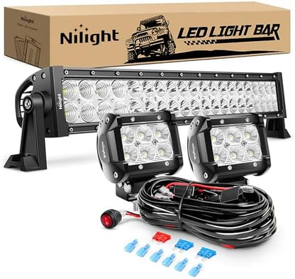 Nilight - ZH004 22Inch 120W Spot Flood Combo Led Light Bar 2PCS 4Inch 18W Flood LED Pods Fog Lights with 16AWG Wiring Harness Kit-2 Leads,2 Years Warranty