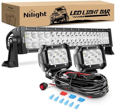 Nilight - ZH004 22Inch 120W Spot Flood Combo Led Light Bar 2PCS 4Inch 18W Flood LED Pods Fog Lights with 16AWG Wiring Harness Kit-2 Leads,2 Years Warranty