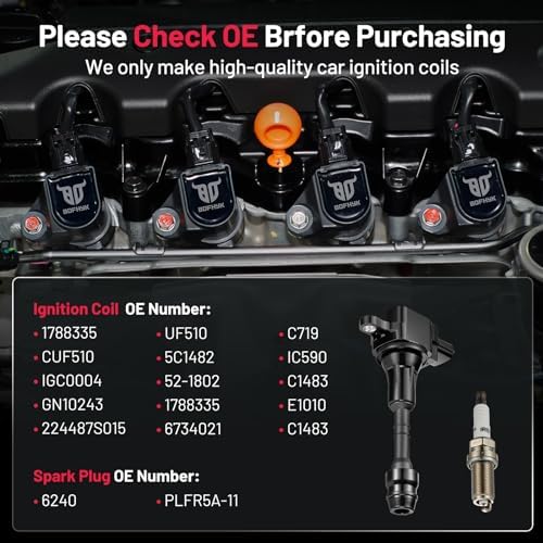 BDFHYK Ignition Coil UF510 and Spark Plug 6240 for Nissan TITAN 2004-2006