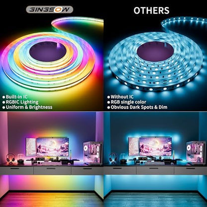 RGB Smart IC COB LED Strip Light 18ft Addressable Chasing Color 12V LED Light Strip Multicolored Flexible RGB Lights Kit with Music Mode for Party, Decoration, Home DIY Lighting Projects