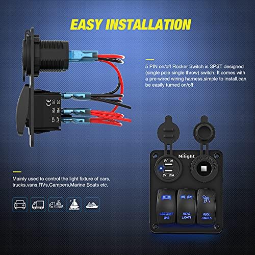 Nilight 3 Gang Rocker Switch Panel 5PIN On Off Laser Pattern Toggle | SPST 12V/20A 24V/10A Dual USB Charger Cigarette Lighter Socket Pre-Wired for LED Light Bar Rear Rock Lights RV Boats 4X4 Blue