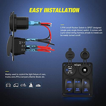 Nilight 3 Gang Rocker Switch Panel 5PIN On Off Laser Pattern Toggle | SPST 12V/20A 24V/10A Dual USB Charger Cigarette Lighter Socket Pre-Wired for LED Light Bar Rear Rock Lights RV Boats 4X4 Blue