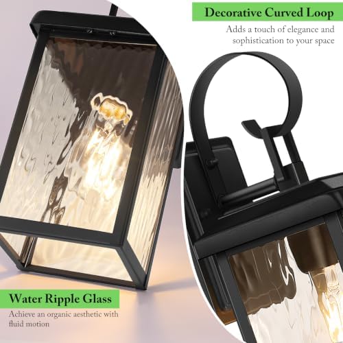 BesLowe 2-Pack Outdoor Wall Light Fixtures with Water Ripple Glass, Black
