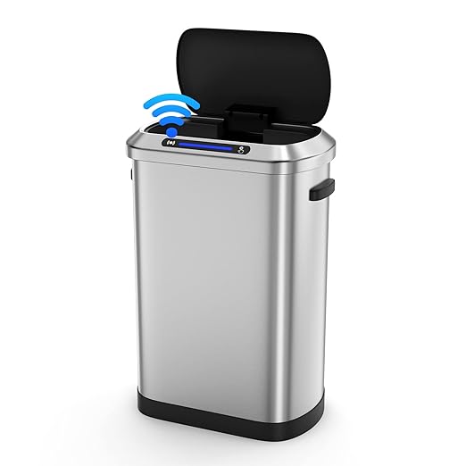 pouseayar Smart Automatic Trash Can with Lid 13 Gallon, Stainless Steel Thickened Body & Super Mute Sensor Lid with 30 Count Garbage Bags for Kitchen Office Bedroom Waste Bin and More - Silver