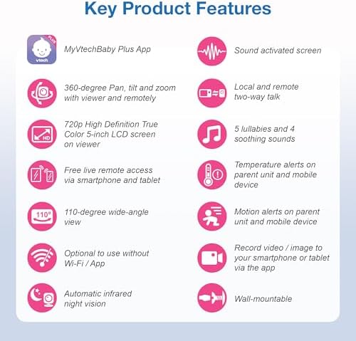 VTech Smart WiFi Baby Monitor – See Your Baby at Home or from Anywhere, Free App, 1080p Camera, 5" Screen, Pan-Tilt-Zoom, Night Vision, Two-Way Talk | VM901