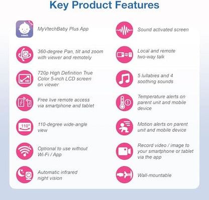 VTech Smart WiFi Baby Monitor – See Your Baby at Home or from Anywhere, Free App, 1080p Camera, 5" Screen, Pan-Tilt-Zoom, Night Vision, Two-Way Talk | VM901