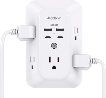 Addtam 5-Outlet Extender Surge Protector, Multi Plug Wall Outlet with 4 USB Wall Charger(2 USB C), Outlet Splitter Power Strip for Home Office Dorm Room Essentials, Plug Extension Outlet 1800J, 2 Pack