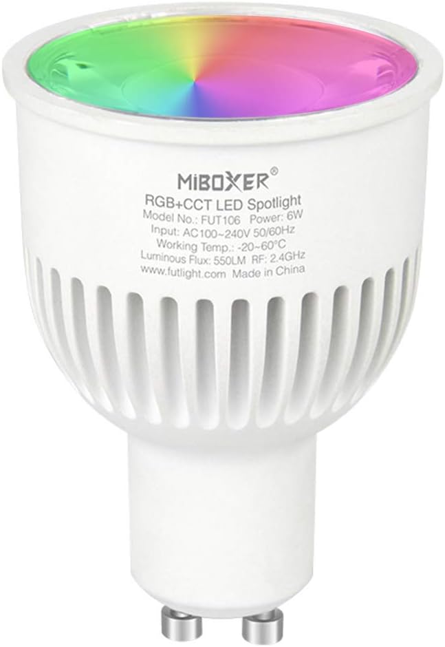 LGIDTECH FUT106 Miboxer 6W 2.4GHz WiFi Led Spotlight Bulb GU10 AC 100-240V RGB+CCT Color Changing,Temperature Adjustable,Memory Funtcion.Smartphone APP Can't Control Directly