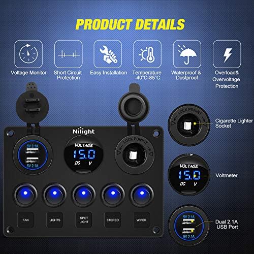 Nilight 5 Gang Multi-Function Rocker Switch Panel On Off SPST Toggle | 12V 12V/20A 24V/10A Dual USB Charger LED Voltmeter Cigarette Lighter for LED Light Bar Rear Rock Lights Trucks RV Boats 4X4 Blue