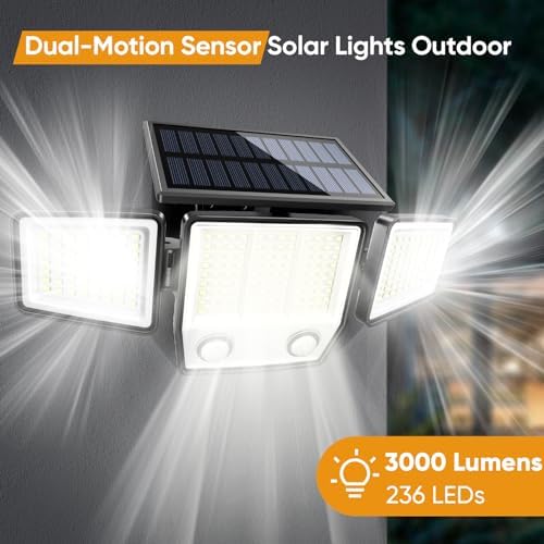 MDCMDCM Solar Motion Lights Outdoor Waterproof - 3000LM LED Security Lights Motion Outdoor with Dual PIR, 270° Wide Angle IP65 Solar Flood Lights Outdoor for Yard Garage Patio Fence Garden