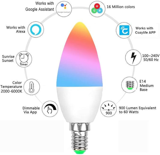 Zigbee E14 Smart RGBCW Candle Bulb Compatible with Alexa, App and Voice Control,ZigBee Hub Required. (2 Packs)