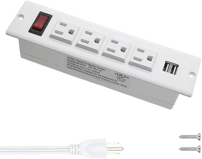 Recessed Power Strip Socket with USB Ports Mountable Desk Power Outlet Desktop Power Strip 4 AC Outlets 2 USB Ports for Conference Cabinet Sofa Countertop UL Listed