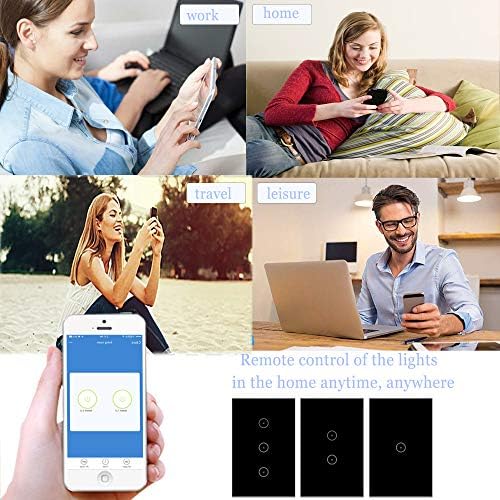 Jinvoo WiFi Wall Light Touch Panel Switch, 3 gang 2 way, Remote Control by Smart Phone,No Hub Required, AC 120V, works with Amazon Echo, Google Home, Black