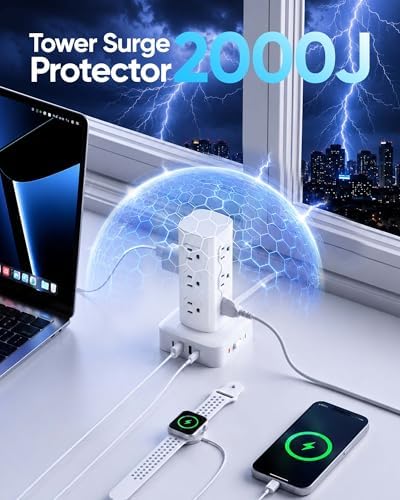Power Strip Tower Surge Protector(2000J), Flat Plug Charging Station Tower with 12 AC Outlets & 4 USB Ports(2 USB C), 6FT Extension Cord for Home Office Dorm, White