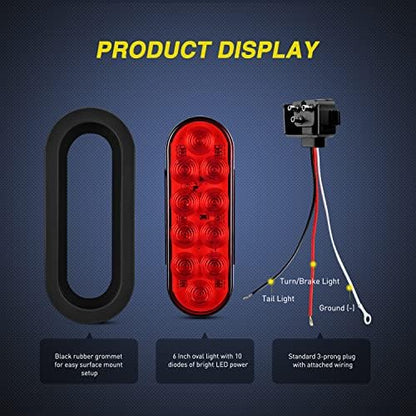 Nilight 6" Oval LED Trailer Tail Lights,Red, 2 Pack, Grommets Mount