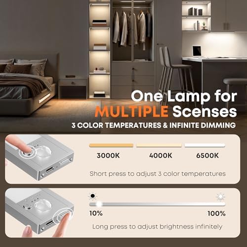 LROLTEF Under Cabinet Lights Wireless, 2 Pack 15.7 inch 1500mAh 3000K 4000K 6500K 3 Color Temps Dimmable Motion Sensor Light Indoor, Rechargeable LED Under Counter Lights for Kitchen, Stairs, Closet