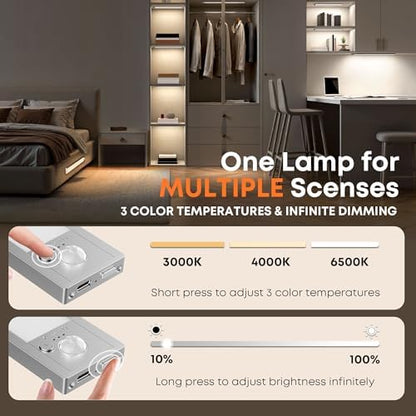 LROLTEF Under Cabinet Lights Wireless, 2 Pack 15.7 inch 1500mAh 3000K 4000K 6500K 3 Color Temps Dimmable Motion Sensor Light Indoor, Rechargeable LED Under Counter Lights for Kitchen, Stairs, Closet