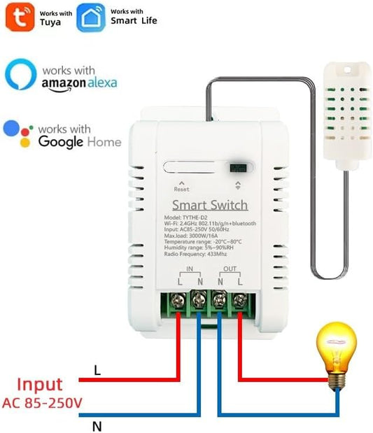 WiFi Wireless Temperature Controller,Include Temperature Probe Sensor ,Tuya app Remote 16A Smart Switch with Energy Consumption Monitoring,Work with Alexa Google (Temperature and Humidity)