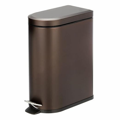 mDesign Small 2.6 Gallon/10 Liter Stainless Steel Metal Step Trash Can Garbage Bin for Bathroom, Bedroom, Home Office, D-Shape Trashcan with Foot Pedal/Lid, Removable Liner Bucket with Handles, Bronze