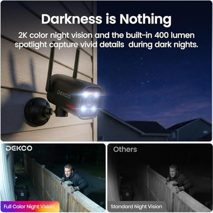 DEKCO Wired 2K Security Camera Outdoor, 180° Pan & 270° Coverage, 24/7 Constant Power Surveillance, Full Color Night Vision, AI Human Detection, Cloud Storage Edition, Spotlight & Siren