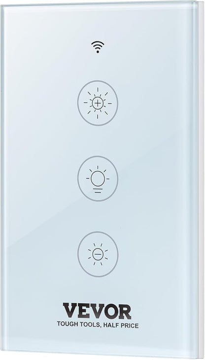 VEVOR Smart Dimmer Switch, Wi-Fi 2.4GHz, Dimmable Smart Switch with Tempered Glass Touch Panel, 15% to 85% Stepless Dimming, Voice App Remote Control, Works with Alexa Google Home, for LED Lights