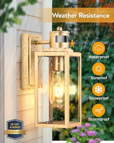 VIANIS 2 Pack Gold Motion Sensor Outdoor Porch Light, Modern Exterior Lighting Fixtures Wall Mount for House, Anti-Rust Waterproof Dusk to Dawn Outdoor Sconce Lights for Garage, Front Door, Patio