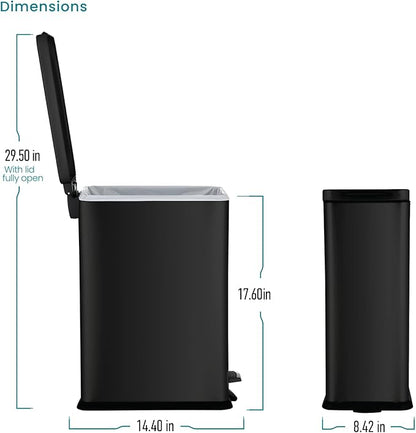 Home Zone Living 4 Gallon Slim Kitchen Trash Can with Soft Close Lid and Step Pedal, Matte Black Stainless Steel Wastebasket with Removable Bucket